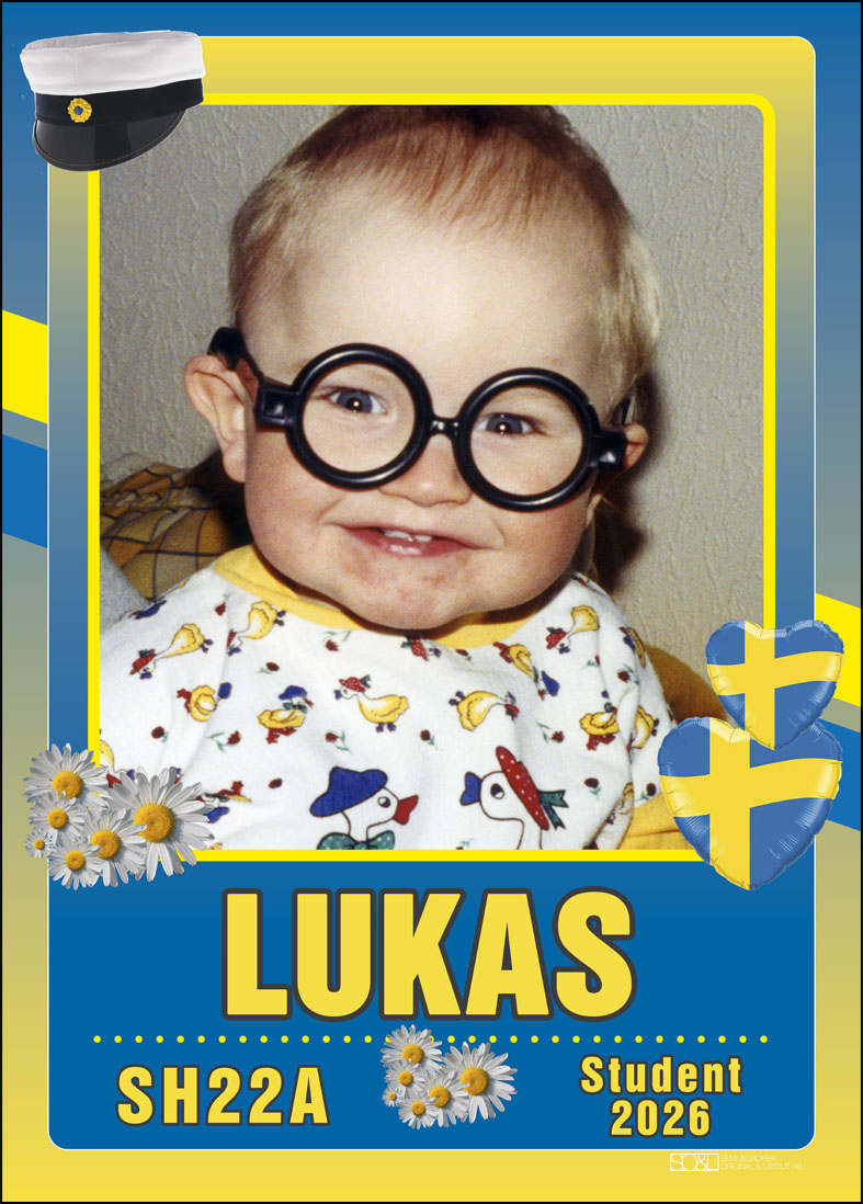 Studentskylt blå o gul med Svenska flaggan