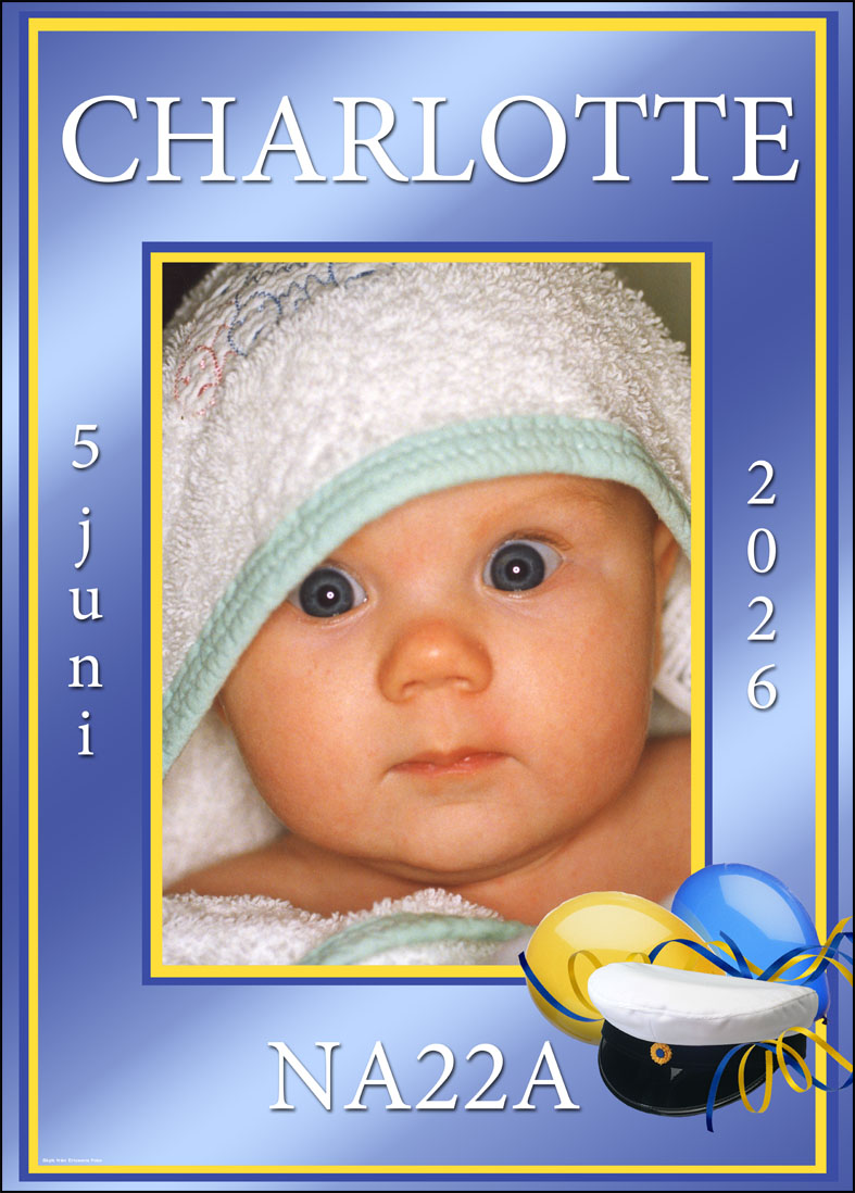 Studentskylt i klassiska blåa toner, mest populär studentplakat